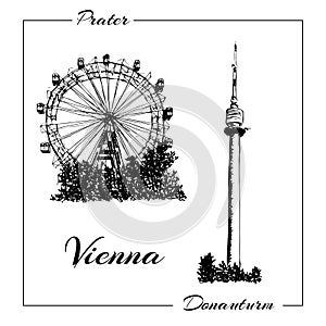 Vienna symbol. Vector hand drawn ink pen sketch illustration. Donauturm, Prater photo