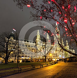 Vienna Town Hall and Christmas Market at night