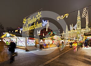 Vienna Town Hall and Christmas Market at night