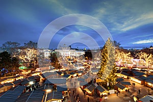 Vienna traditional Christmas market in front of the city hall aerial view