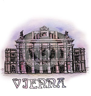 The Vienna watercolor hand drawing, famouse arhitectural buillding isolated