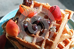 Viennese waffles with apricot, sweet cherry, chocolate chips and yoghurt. Close-up