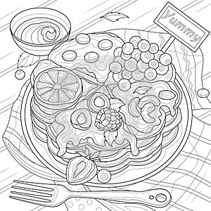 Viennese waffles with berries. Dessert.Coloring book antistress for children and adults.