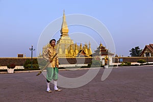 Handsome Young Man Laos Ethnic Clothing Standing Pha That Luang Golden Stupa Vientiane Capital Asia