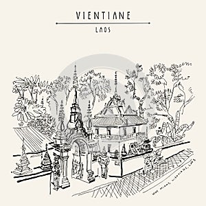 Vientiane, Laos, Southeast Asia. Vintage hand drawn touristic postcard in vector