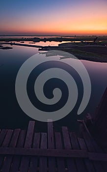 Vier from the top of the U Bein Bridge over Taungthaman Lake Amarapura Myanmar