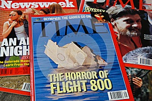 Close up of Time magazine cover with report about plane crash of flight 800 with Boeing 747 from New York to Paris in the nineties