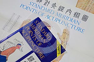 Close up of poster and book about standard meridian points in acupuncture