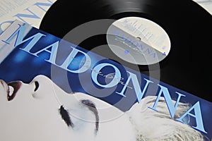 Closeup of isolated vinyl record cover of singer madonna