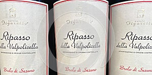 Closeup of italian Corte Figaretto Ripasso della Valpolicella wine bottles