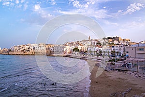 Vieste, Foggia, Italy 29 June 2021 Scenic sunset view over historic old town of Vieste