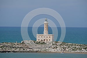 Vieste Lighthouse, Isola Santa Eufemia, located at the opposite the town of Vieste, Apulia, Italy