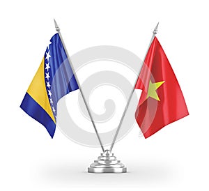 Vietnam and Bosnia and Herzegovina table flags isolated on white 3D rendering