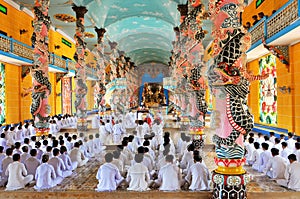 Vietnam, Cantho Prov, Mekong Delta, , Noontime Prayer and Ceremony at Cao Dai Temple