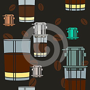 Vietnam Coffee and Glass Mugs Vector Illustration Dark Background Seamless Pattern