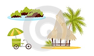 Vietnam Country Landmarks with Bungalow with Straw Roof and Bike Vector Set