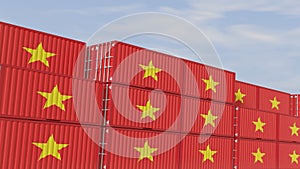 Vietnam flag containers are located at the container terminal. Concept for Vietnam import and export 3D