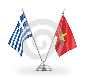 Vietnam and Greece table flags isolated on white 3D rendering