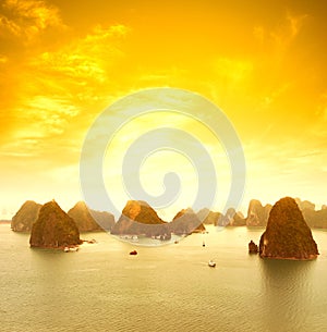 Vietnam Halong Bay beautiful sunset landscape