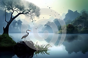 Vietnam lake heron nature morning fog. Generate Ai