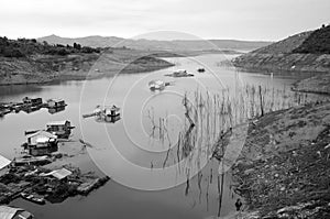 Vietnam landscape, floating house, tree reflect