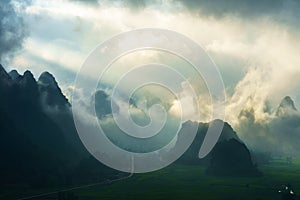 Vietnam landscape with mountain and low clouds in early morning in Trung Khanh, Cao Bang, Vietnam