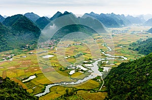 Vietnam landscape: Rice fields with a river in the valley of TAY ethnic minority people-Bac Son-Lang Son-Viet Nam