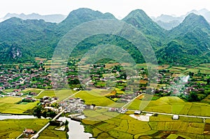 Vietnam landscape: Rice fields with a river in the valley of TAY ethnic minority people-Bac Son-Lang Son-Viet Nam