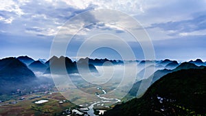 Vietnam landscape: Valley under fog in early morning-Bac Son-Lang Son-Viet Nam