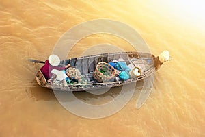Vietnam, Mekong river delta. Boat on traditional market