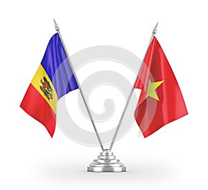 Vietnam and Moldova table flags isolated on white 3D rendering