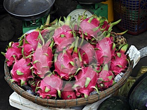 Vietnam, Quang Nam Province, Hoi An City, Old City listed at World Heritage site by Unesco, the Market, Stall with Pitaya blanca