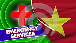 Vietnam Realistic Flag with Emergency Services Title Fabric Texture 3D Illustration