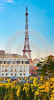 Vietnam`s littel Paris Da Lat cityscape. Beautiful view of Dalat, Vietnam. Vertical panorama