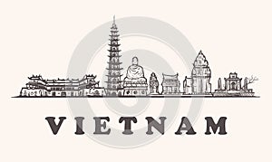 Vietnam skyline vintage illustration hand drawn.