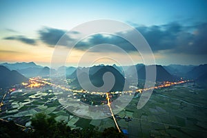 Vietnam sunrise landscape with rice field and mountain in Bac Son valley in Vietnam