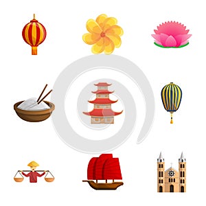 Vietnam travel icon set, cartoon style