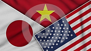 Vietnam United States of America Japan Flags Together Fabric Texture Illustration