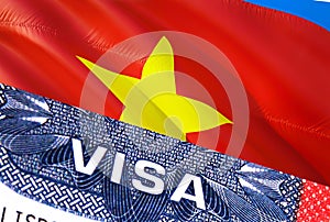 Vietnam Visa Document, with Vietnam flag in background. Vietnam flag with Close up text VISA on USA visa stamp in passport,3D