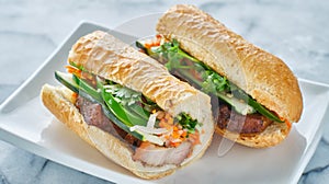 Vietnamese bahn mi sandwich with pork belly photo
