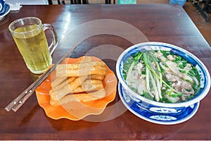 Vietnamese breakfast set with Rice Noodle, Youtiao and Iced Tea