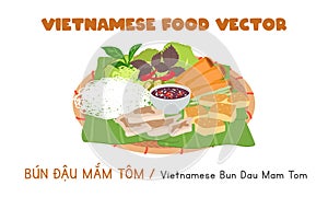 Vietnamese Bun Dau Mam Tom flat vector design. Rice noodles with fried tofu, boiled pork, shrimp paste sauce clipart cartoon style