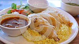 Vietnamese chicken rice with a bowl of chicken gizzard soup.