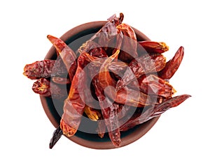 Vietnamese chili peppers in a small terracotta bowl top view