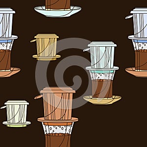 Vietnamese Coffee with Saucer Vector Illustration With Dark Background Seamless Pattern