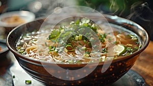 vietnamese cuisine, aromatic pho soup with herbs, lime, steams temptingly, inviting you to savor its vietnamese flavors photo