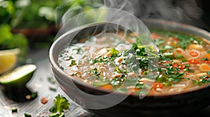 vietnamese cuisine, fragrant pho soup with herbs and lime wedges emits steam from the bowl, a traditional vietnamese