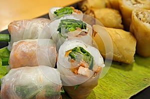 Vietnamese cuisine, Fresh spring rolls with vegetables and dipping sauce, Healthy vegetarian spring rolls.