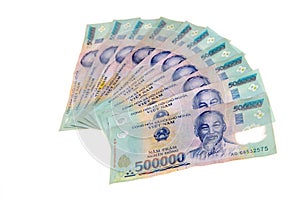 Vietnamese currency banknotes arrange in a row