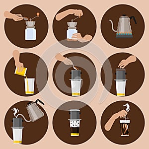 Vietnamese Drip Coffee Brewing Instruction Vector Illustration Icons Set